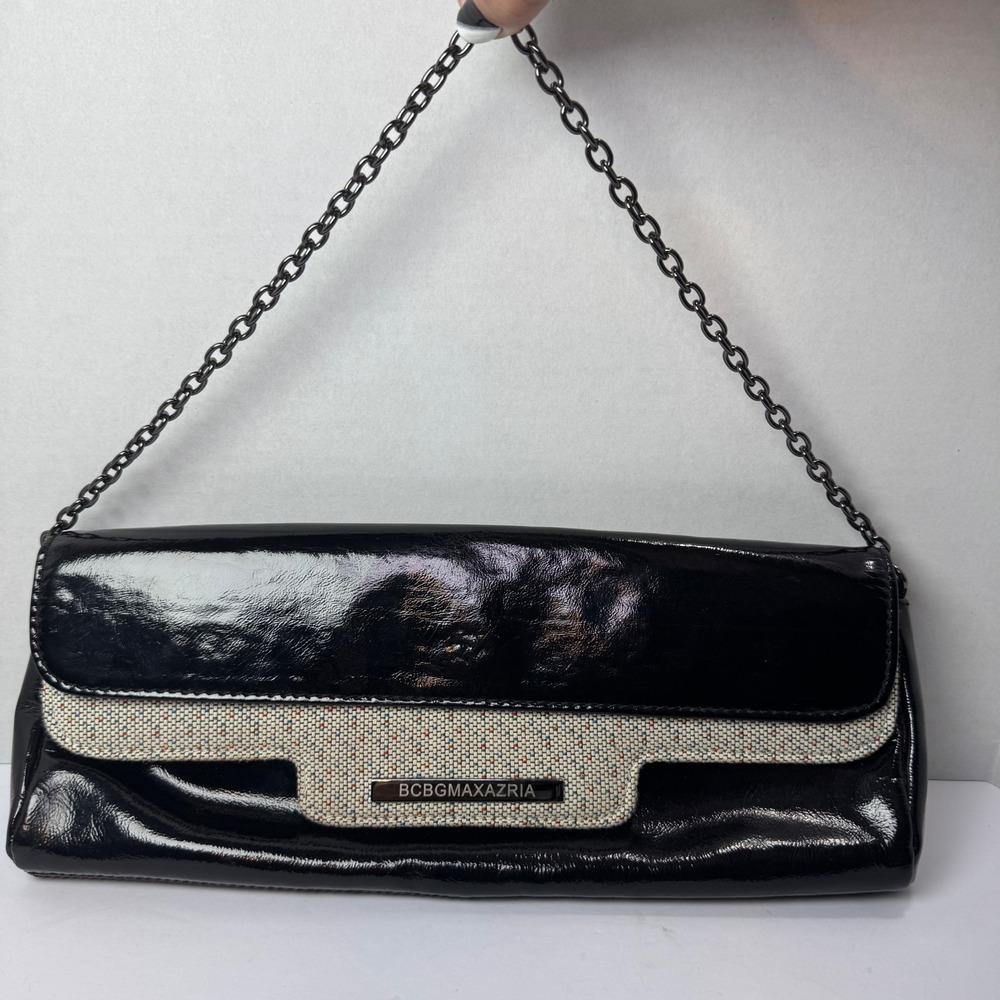 BCBGMAXAZRIA Black Patent Leather Evening Clutch Bag with Shoulder Chain Strap